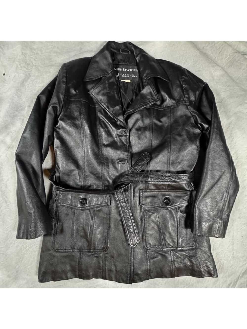 Vintage 90s Niko Leather Black Belted Trench Jacket Genuine Leather L, insulated